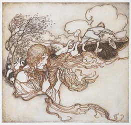 An Illustration of a Girl Brushing Her Hair with Geese and a Boy in the Background, from The Goosegirl.