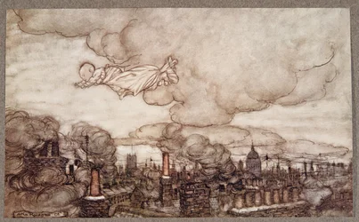 Away he flew right over the houses to the Gardens, from Peter Pan in Kensington Gardens by J.M. Barrie, pub. 1906