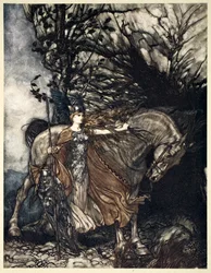 Brunnhilde with Her Horse at the Mouth of the Cave