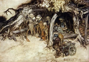 Elves make a jacket, Illustration by Arthur Rackham for The Dream of a Summer Night by William Shakespeare