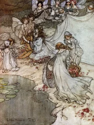 Elves making rose necklaces. Illustration by Arthur Rackham for The Dream of a Summer Night by William Shakespeare
