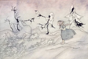 Gerda is terrified by the Snow Queens advance guard, but she said Our Father and is rescued by little bright angels, illustration from The Snow Queen by Hans Christian Andersen