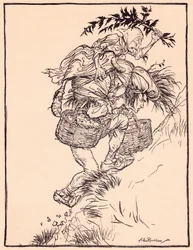 Groaning continually, he climbed the mountain. Illustration by Arthur Rackham from Grimm