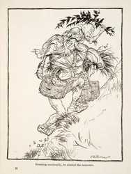Groaning continually, he climbed the mountain, from Little Brother & Little Sister and Other Tales by the Brothers Grimm, pub.1917