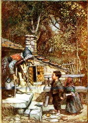 Hansel and Gretel and the Witch on the doorstep of her cottage