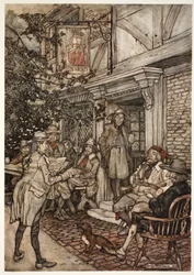 He used to console himself by frequenting a kind of perpetual club of the sages, philosophers and other idle personages, which held its sessions before a small inn., from Rip Van Winkle by Washington Irving