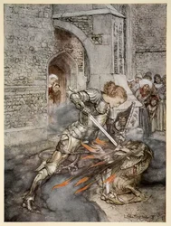 How Sir Lancelot fought with a friendly dragon, illustration from 