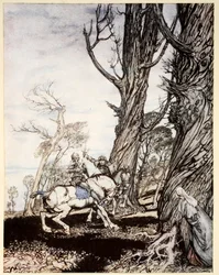 How Sir Launcelot slew the knight Sir Peris de Forest Savage that did distress ladies, damosels and gentlewomen, illustration from 