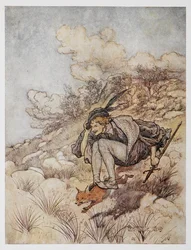 Illustration from The Golden Bird. A prince riding on a fox