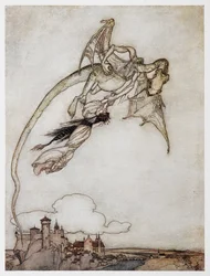 Illustration of a dragon carrying off the princess from The Four Clever Brothers