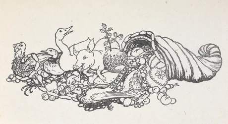 Items from a Christmas feast spilling out from a horn-shape. Items include a Christmas pudding, sausages, a turkey, a pig, a duck, a pheasant, a pie and fruits