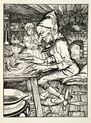 Lay!, roared the giant and then the hen laid immediately an egg of solid gold, from The Arthur Rackham Fairy Book