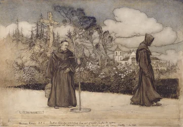 Padre Alonzo watched him out of sight, illustration from Good Night by Eleanor Gates, 1907