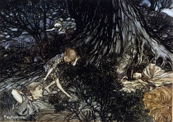 Puck Putting a Magic Filter on the Eyelids of Sleeping Characters. Illustration by Arthur Rackham for A Midsummer Night