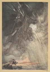 Raging, Wotan rides to the Rock! Like a storm-wind he comes!