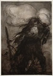 Rip wakes up. Surely, though he, I have not slept here all night? Oh! That flagon! That wicked flagon! What excuse shall I make to Dame Van Winkle? from Rip Van Winkle by Washington Irving