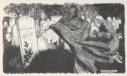 Scrooge and a ghost in a graveyard at night
