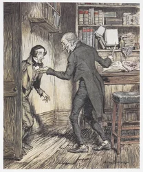 Scrooge writing in his office as another man enters