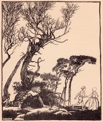 She crept after them secretly, as witches do creep. Illustration by Arthur Rackham from Grimm