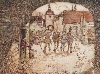 So the four Brothers took their sticks in their hands, bade their Father good-bye, and pass out of the town gate