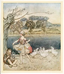 Tattercoats dancing while the goosherd pipes, from English Fairy Tales, pub. 1922