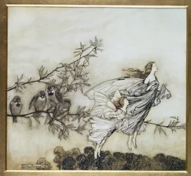 The Fairies have their Tiff with the Birds, 1906 illustration for Peter Pan in Kensington Gardens by J.M. Barrie, pub. 1906