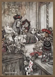The Knave of Hearts in the dock before the Queen and King of Hearts accused of stealing the tarts