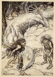 The dwarves quarrelling over the body of Fafner, illustration from 