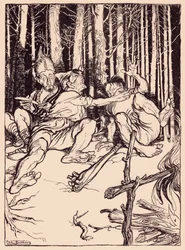 The giant gave the one who was sitting next to him a box on the ear. Illustration by Arthur Rackham from Grimm
