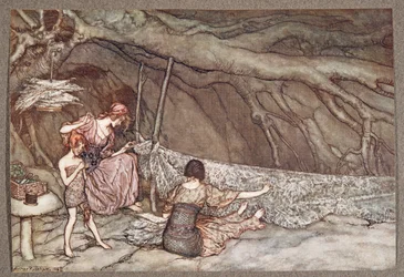 The little people weave their summer curtains from skeleton leaves, from Peter Pan in Kensington Gardens by J.M. Barrie, pub. 1906