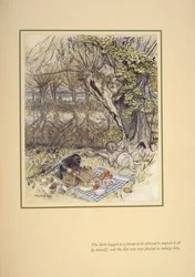 The mole begged as a favour to be allowed to unpack it all by himself; and the rat was very pleased to indulge him