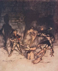 The Youth took the axe and split the anvil with one blow, catching in the Old Mans beard at the same time