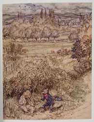 The wayfarer saluted with a gesture of courtesy that had something foreign about it, from Wind in the Willows by Kenneth Grahame, pub. 1940