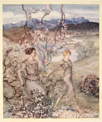 Then they went hand in hand in the country that smells of apple-blossom and honey, illustration from 