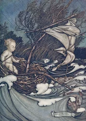 There now rose a mighty storm, and he was tossed this way and that, from Peter Pan in Kensington Gardens by J.M. Barrie, pub. 1906