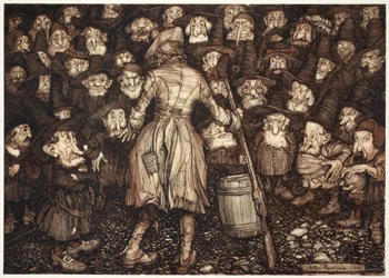 They stared at him with such fixed, statue-like gaze, that his heart turned within him and his knees smote together., from Rip Van Winkle by Washington Irving, pub. 1910