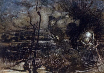 Two characters fail to drown in the swamp, Puck helps them with a fire. Illustration by Arthur Rackham for The Dream of a Summer Night by William Shakespeare