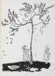 Two Children Try to Get a Cat Down from a Tree.