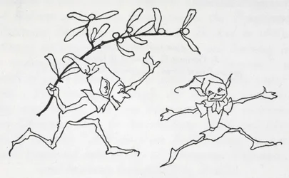 Two Elves Playing, One Carrying a Sprig of Mistletoe