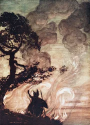 Wotan Turns and Looks Sorrowfully Back at Brünnhilde. Illustration for The Rhinegold and The Valkyr