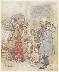 Young children helping two older men with their coats as they enter a house carrying Christmas gifts