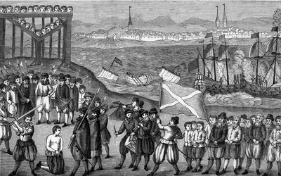 Execution of the Famous German Pirate Klaus Stortebeker and His 71 Accomplices in 1401 in Hamburg (engraving)