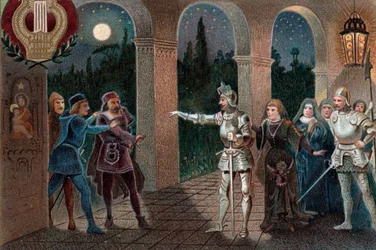 Leonora abducted from convent by Manrico, Act II scene 5 from opera "Il Trovatore" by Giuseppe Verdi