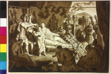 The dying Emperor Marcus Aurelius advises Pertinax and his son Commodus