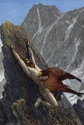 Eagle devouring the liver of Prometheus, chained to a rock by Zeus in punishment for stealing fire from the gods and giving it to humanity