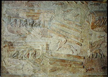 Relief depicting ships transporting wood, from the Palace of Sargon II, Khorsabad, Iraq