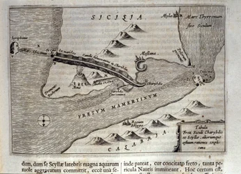 Cartographic representation of Charybdis and Scylla in the Strait of Messina, Sicily. Engraving from 