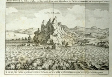 View of the rocks of Charybdis and Scylla in the Strait of Messina, Sicily. Engraving from 