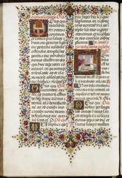 Missal of Thomas James: Page with Two Initials: An Altar and the Dedication of a Church
