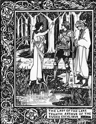 Arthurian Legend: The Lady of the Lake (Vivian fee) teaches Arthur the existence of the Excalibur epee Engraving in Le Morte d